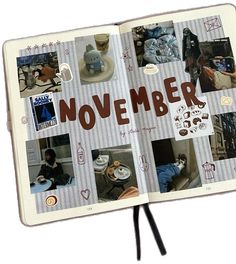 an open book with pictures of people and animals on it's cover that says november