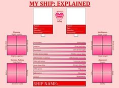 a pink and red poster with the words, my ship - explained on it