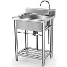 a stainless steel sink with two faucets on each side and one drainer