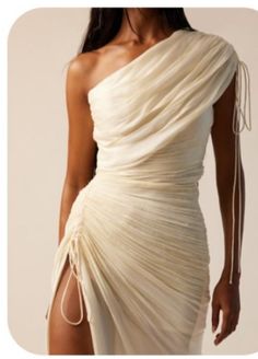 Wedding Dress With Draped Folds, Cream One-shoulder Evening Dress, Ruched Draped Gown For Gala, Ethereal Gala Dresses, Wedding Silk Dress With Folds, Silk Wedding Dress With Folds, White Evening Dress With Folds, White Pre-draped Draped Evening Dress, Draped Ruched Midi Dress For Wedding