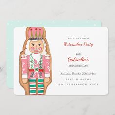 a christmas party card with an image of a nutcracker in pink and green