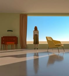 a woman standing in an empty room looking out the window at another chair and table