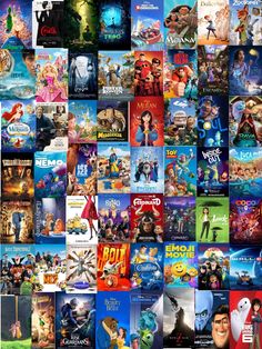 many different movie posters are arranged in the shape of a collage, including cartoons