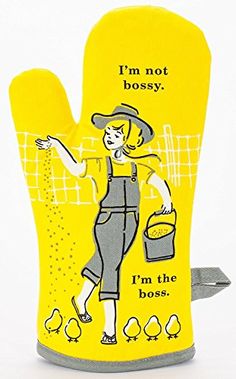 a yellow oven mitt with an image of a woman holding a bucket and chickens