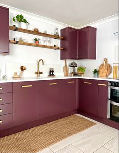 Kitchen painted in plum purple Remodel 90s Kitchen, Plum Kitchen Cabinets, Kitchen With White Countertops, Kitchen Respray, Plum Kitchen, Gloss Kitchen Cabinets