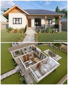 two pictures of the same house in different stages of being built, and one has an open floor plan