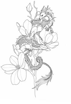 an ink drawing of flowers and a snake on a white background with the words,'dragon