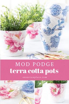 several vases with flowers in them and the words mod podge terra cola pots