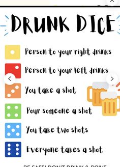 a poster with the words drink and dices written in different font styles on it