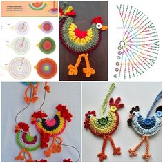 crochet patterns and instructions to make colorful roosters ornament for home decor