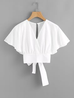 White Casual  Short Sleeve  Plain Top  Non-Stretch Summer Women Tops, Blouses & Tee Áo Blu, Bow Tie Top, Bow Tie Blouse, White Flares, Wrap Crop Tops, Tie Blouse, Tie Top, Mode Inspiration, White Blouse