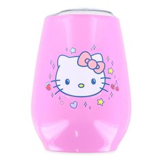 a pink hello kitty wine glass with hearts and stars on it