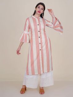 Discover Latest & Trendy Clothing & Accessories like Crochet lace Work Wooden Buttoned Striped Kurti – Sand Pink online in Best Price! Shirt Type Kurti Design, Striped Kurti Design, Kurta Designs For Women, Long Kurta Designs, Pretty Summer Dresses, Long Kurta