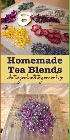 homemade tea blends on a cutting board with flowers and herbs in the middle, surrounded by other ingredients