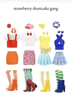 a bunch of different types of clothes and shoes with words that say strawberry shortcake gang