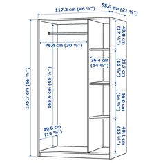 the measurements for an open closet with shelves and shelving unit in white, shown from front view