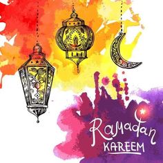 rama kareem greeting card with arabic lanterns and watercolor blots royalty illustration