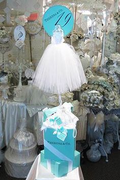 Dalmazio Design Giftbox Centerpiece Tiffany Bride Wedding Shower Centerpieces, Tiffany Bride, Tiffany Color, Tulle Dress, Wedding Shower, Confetti, The Top, Flower Girl Dresses, Satin