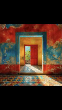 an empty room with a red door and checkered flooring on the walls is shown