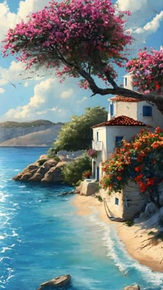 an oil painting of a house by the water with flowers on it's roof