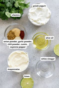 ingredients to make cilantro lime mayonnaise laid out on a white surface