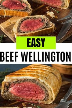 the beef wellington is cut in half and ready to be eaten