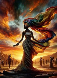 a painting of a woman with long hair and colorful dress in front of an orange sky