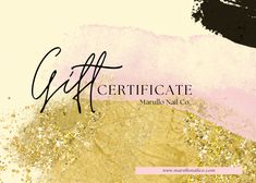 a gift certificate with gold and black paint splattered on it's side