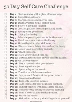 30 Days Of Self Care, 30 Day Self Care Challenge, Positive Quotes For Life Encouragement, 30 Day Self Care, Self Care Challenge, Printable Checklist