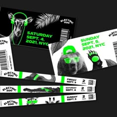 two tickets for the zoo are shown in black and white with neon green details on them