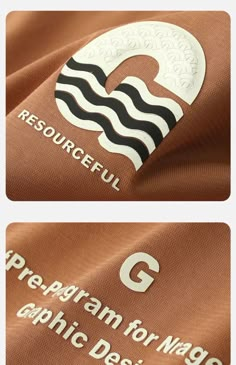 two different logos on the front and back of a brown shirt with white letters that read,