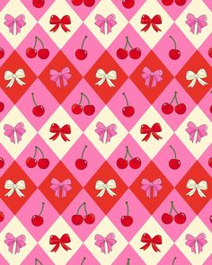 an image of cherries and bows on a checkered background