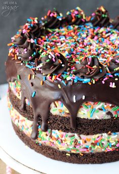 a cake with chocolate frosting and sprinkles