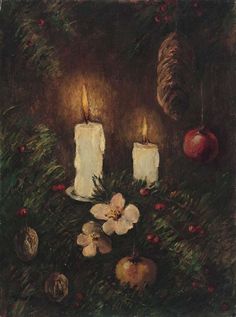 a painting of two white candles surrounded by christmas decorations