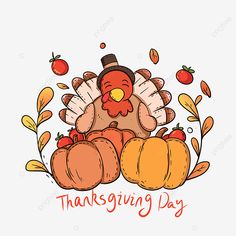 a cartoon turkey sitting on top of pumpkins with the words thanksgiving day written below it