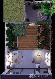 an aerial view of a small garden with stairs and seating areas, including a patio