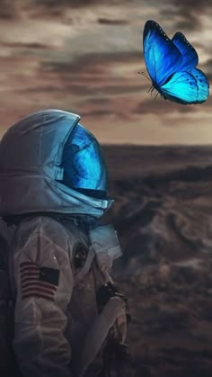 a man in an astronaut's suit with a blue butterfly on his back, looking at the sky