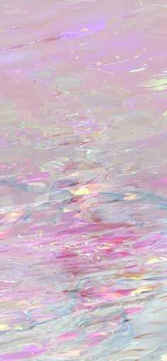 an abstract painting with pink and blue colors on the water, as well as white clouds