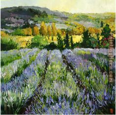 an oil painting of lavender fields with trees in the background