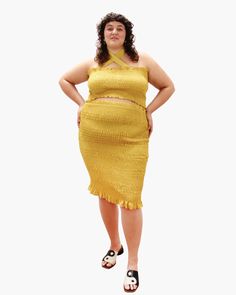 Keep it sexy and comfy with this skirt. Smocked and ruffled detailing allows for a nice stretch. Style this plus-size ruffled skirt your favorite basic top or blouse. LOVEFOOL Cinch Me Smocked Skirt | Yellow | Skirts | Materials & Care Instructions: 100% Polyester, Machine wash with like colors, Imported Trendy Tunic, Plus Zise, Smocked Skirt, Yellow Skirt, Chic Blouses, Ruffled Skirt, Plus Size Skirts, Basic Tops, Ruffle Skirt