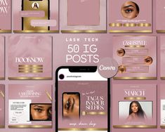 the new website for lashes and beauty products is displayed on a pink background with gold trimming