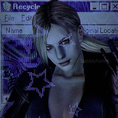 an image of a woman in front of a computer screen with the words resident evil written on it