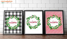 three framed christmas cards with the word welcome on them in red, white and green