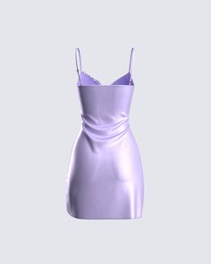 The second they look at you in this purple wrap mini dress, it's game over for them 😏 Constructed from satin fabric, this dainty mini is complete with a sexy lingerie style, spaghetti straps, faux wrap detail on the front body, and lace applique placement trim 💜 Purple Short Dress, Dress Png, Purple Mini Dress, Miami Dresses, Purple Wrap, Quince Dress, Wrap Mini Dress, Purple Mini Dresses, Fire Fits