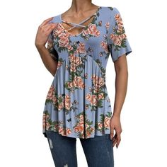 Casual, easy-to-wear design for a simple, stylish look. Perfect for showing off your charms for curvy women, this a.Jesdani Women's Plus Size Top Short Sleeve Casual V-Neck Criss Cross Shirt Tunic is the perfect basic t-shirt for women in your closet. Pair with your favorite leggings, shorts, jeans and more, also great as a beach cover-up, pajama top or maternity wear. Size: 4XL.  Color: Blue.  Gender: female.  Age Group: adult. Criss Cross Shirt, Criss Cross Blouse, Flowy Shirts, Cross Shirt, Favorite Leggings, Cross Shirts, Tops Short Sleeve, Leggings Shorts, Tunic Tops Casual