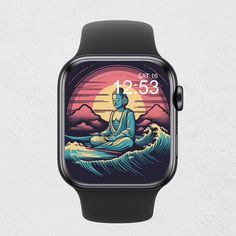 an apple watch with the image of buddha sitting on top of a wave in front of a sunset