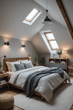 a bed sitting under two windows in a bedroom next to a desk and chair on top of a rug