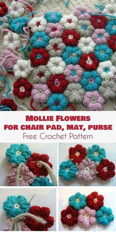 crochet flowers for chair pad, mat, purse with free pattern and instructions