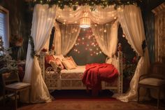 a bedroom decorated for christmas with lights on the ceiling and curtains over the headboard