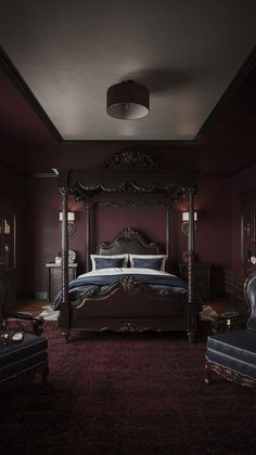 a bed sitting in the middle of a bedroom next to a chair and ottomans